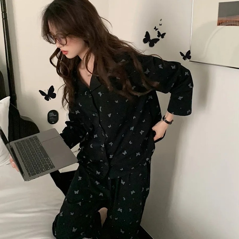 馨帮帮Homedress 撞色蝴蝶印花睡衣套装女翻领舒适亲肤外穿家居服,女士内衣/男士内衣/家居服,睡衣/家居服套装,淘宝优惠券,粉丝福利购,淘宝优惠卷