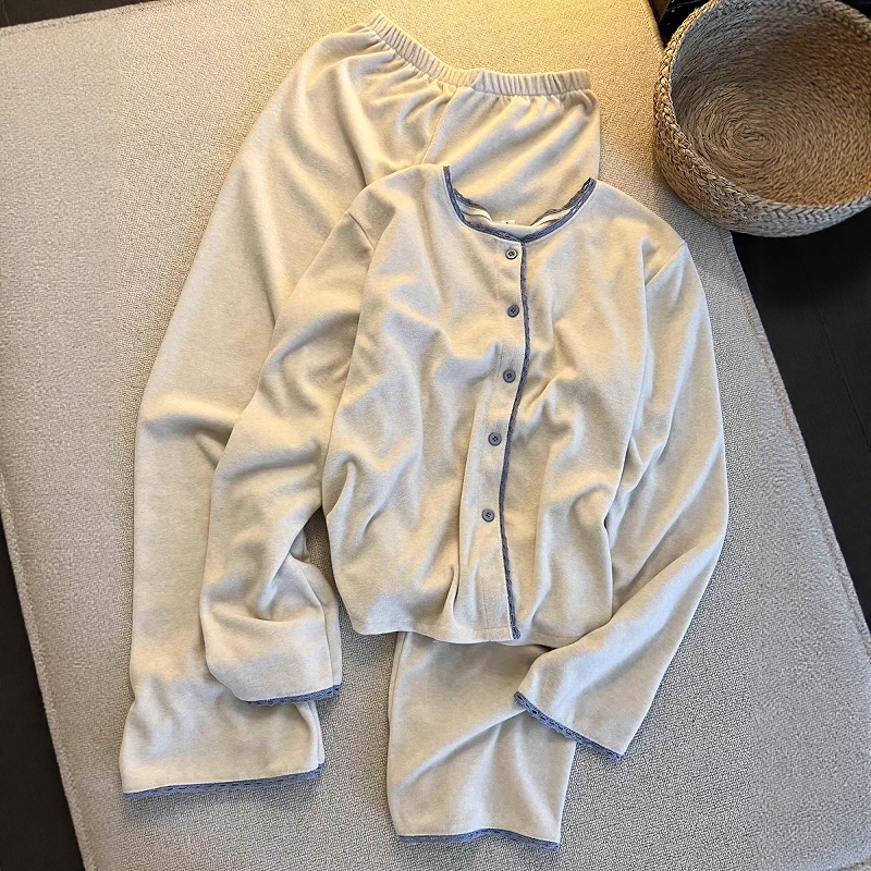 韩系简约风撞色德绒睡衣女冬套装