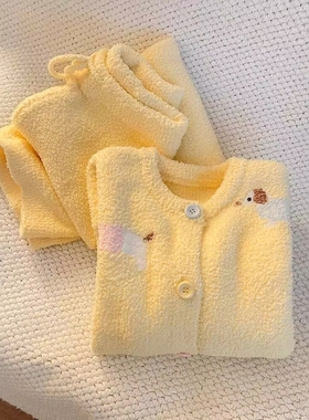 Sin Glee 毛绒可爱小狗印花针织半边绒睡衣女秋冬季加绒保暖套装