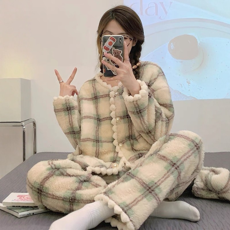 珊瑚绒睡衣女士秋冬季加厚ins法兰绒2024新款家居服冬天格子套装,女士内衣/男士内衣/家居服,睡衣/家居服套装,淘宝优惠券,粉丝福利购,淘宝优惠卷