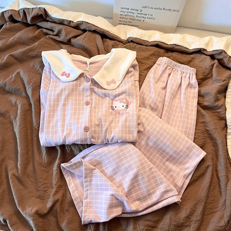 可爱甜美格纹kitty猫德绒睡衣女