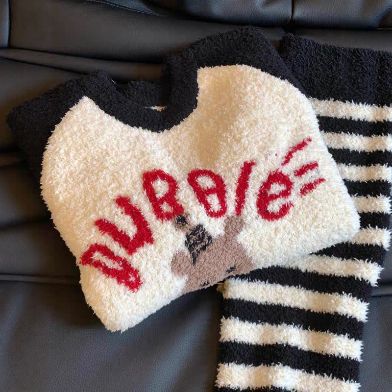 少女可爱小熊针织半边绒睡衣女冬