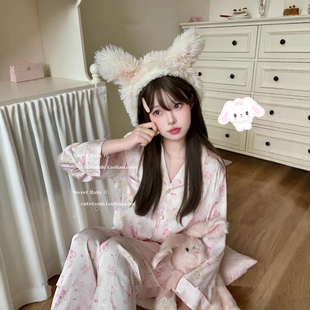 原创款「轻松熊与甜点兔」日系可爱印花小翻领春秋女睡衣长裤长袖
