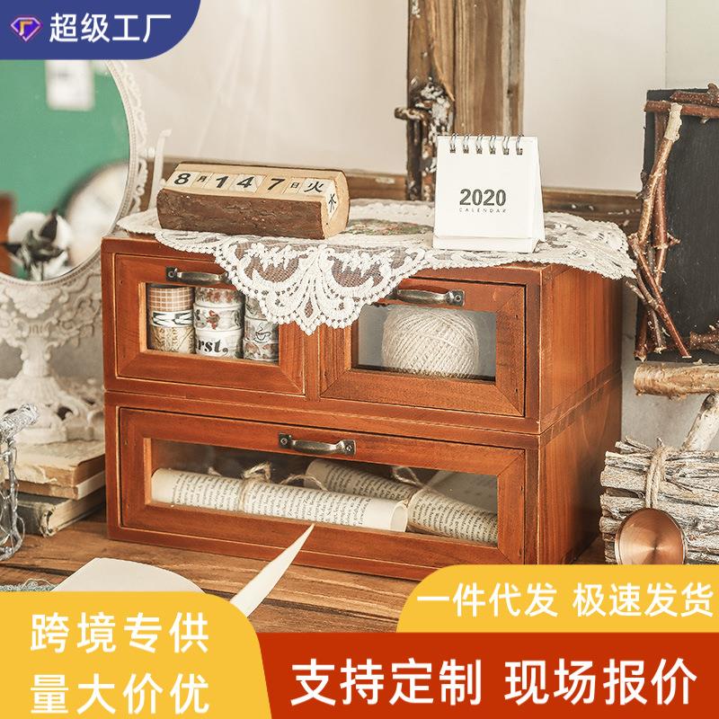 电脑显示器增高架办公室木质桌面收纳盒玻璃抽屉式梳妆台木盒复古