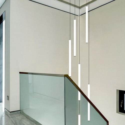 别墅loft复式楼楼梯大厅挑高跃层长吊灯现代简约圆柱设计前台灯具