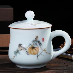 景德镇青釉小号带盖陶瓷茶杯马克杯办公室家用喝水杯子泡茶可定制