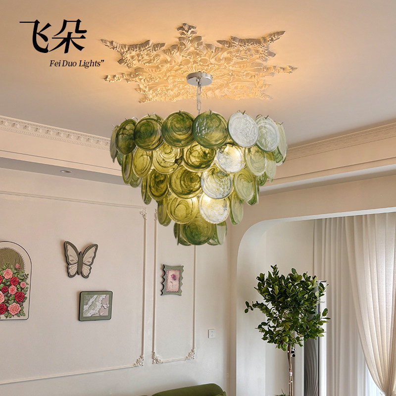 飞朵法式穆拉诺中古风设计师款客厅餐厅楼梯间墨绿色圆盘玻璃吊灯,家装灯饰光源,客厅吊灯,淘宝优惠券,粉丝福利购,淘宝优惠卷