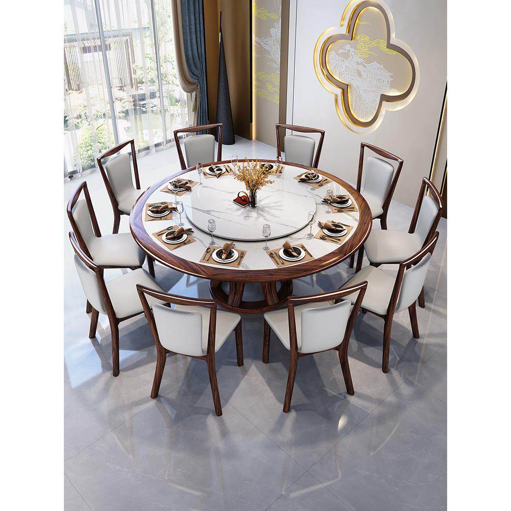 实木餐桌新中式圆桌家庭圆形黑檀木彩色石板高档餐桌2米大理石圆