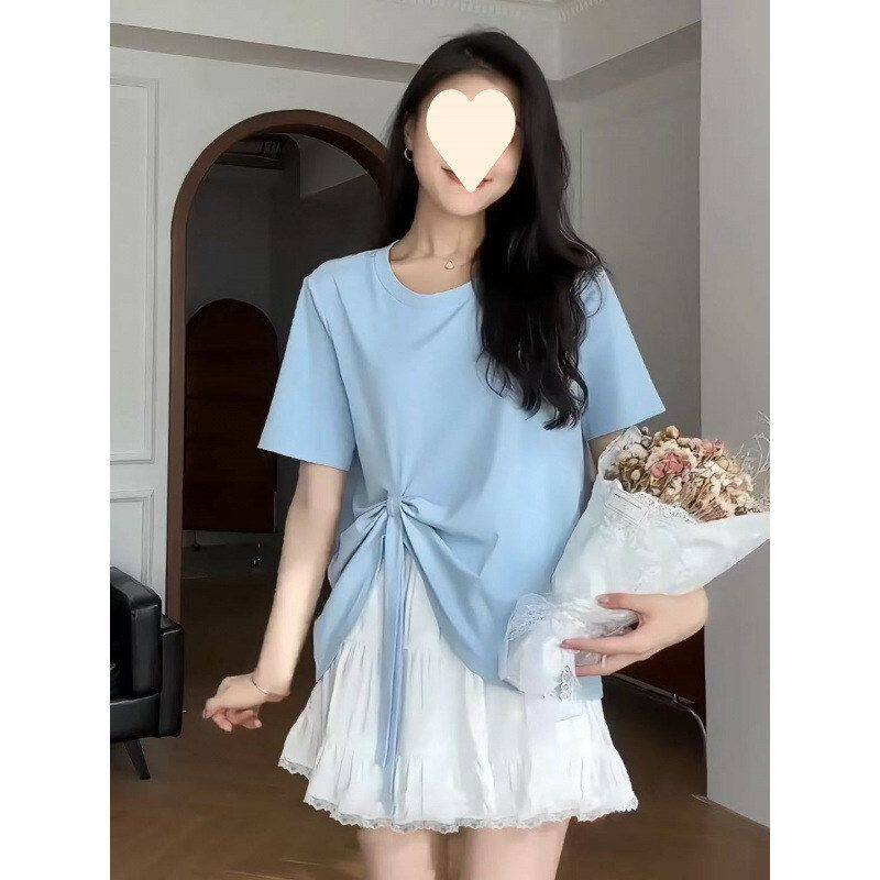 显瘦蓝色设计感短袖爆款2025女不规则遮T恤肚子新款小众上衣夏季