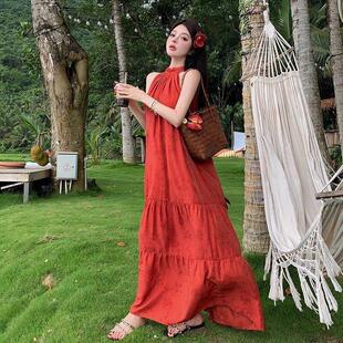 搭穿三亚旅游拍照西双版纳裙子海边沙滩裙红色度假复古挂脖连衣裙