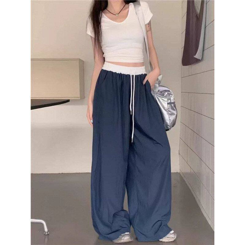 拖地运动裤黑色宽松慵懒夏季直筒裤拼接小众阔腿裤高腰女休闲裤风