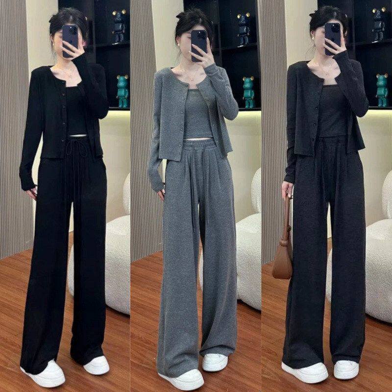 女三件套慵懒松弛宽松休闲套装新款阔腿裤感2025开衫运动秋季吊带