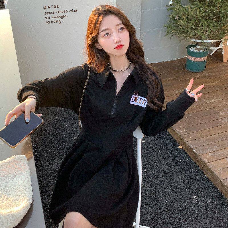 学院风收腰设计感黑色秋冬卫衣p连衣裙显瘦领风赫本裙小众olo遮肚