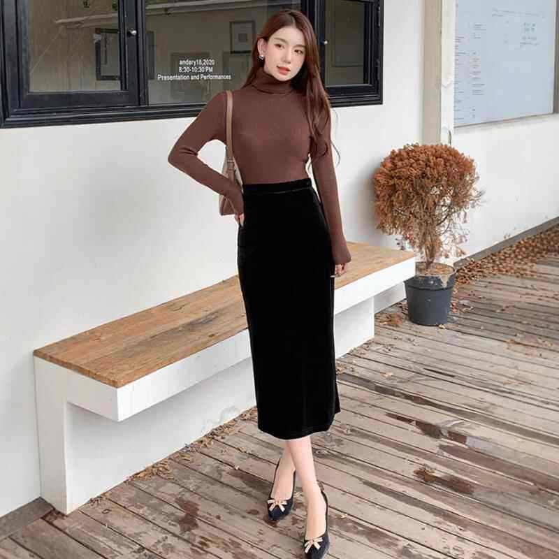 中长款女复古2024黑色开叉金丝绒半身裙长裙高腰包臀一步裙裙秋冬