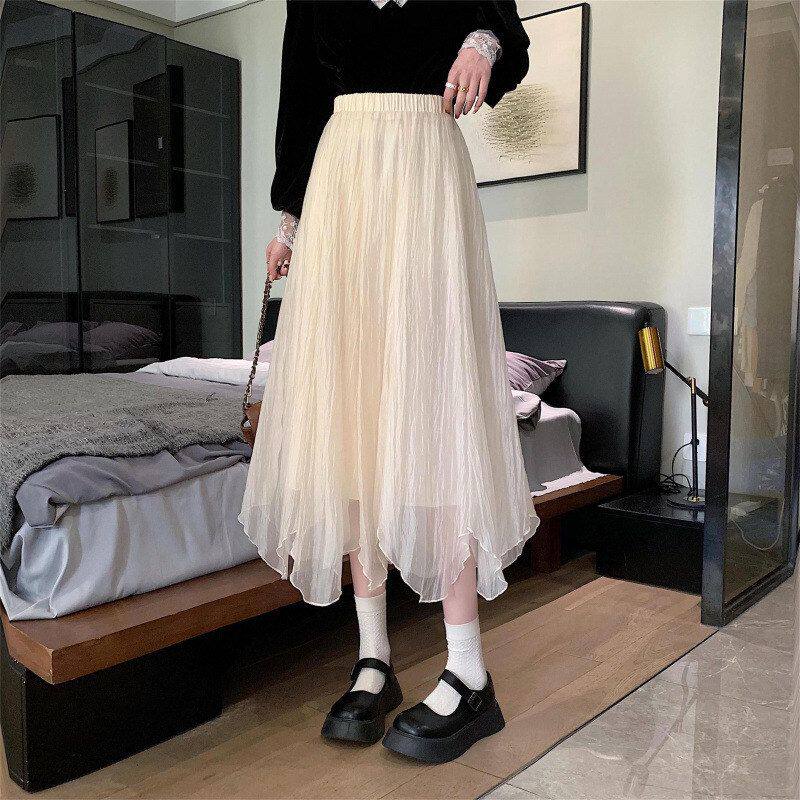 女装半身裙子洋气百褶a不规则高腰裙中长裙小个子春夏女欧根纱字