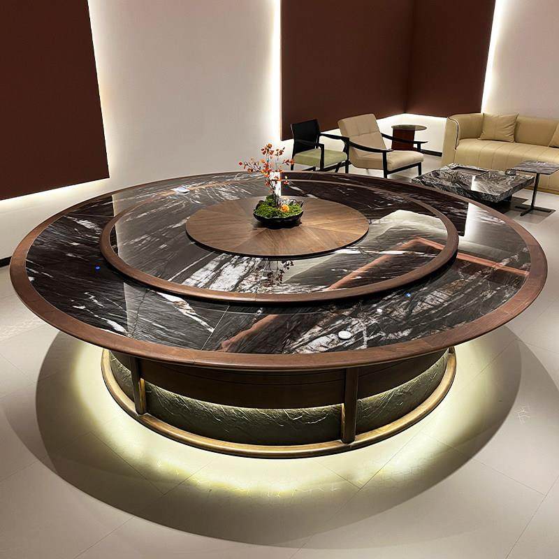 酒店电动餐桌大圆桌新中式饭店实木20人会所包厢岩板大理石转盘15