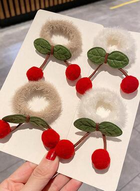 新款毛绒儿童毛巾圈发圈毛球樱桃发绳高弹力扎头发皮筋头绳女发饰