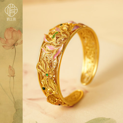非遗花丝鎏金鱼戏莲花银镯