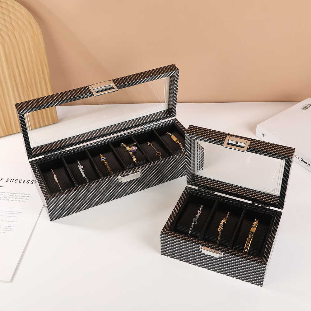 高光碳纤维黑色胡桃手表收纳盒竹木纹手链礼盒高档手链包装展示盒