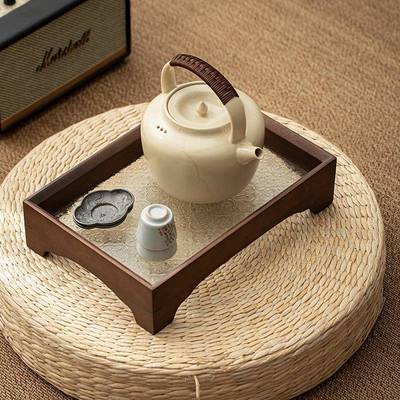 胡桃木托盘方形复古海棠花玻璃茶奉盘轻奢家用干泡收纳架子小茶台