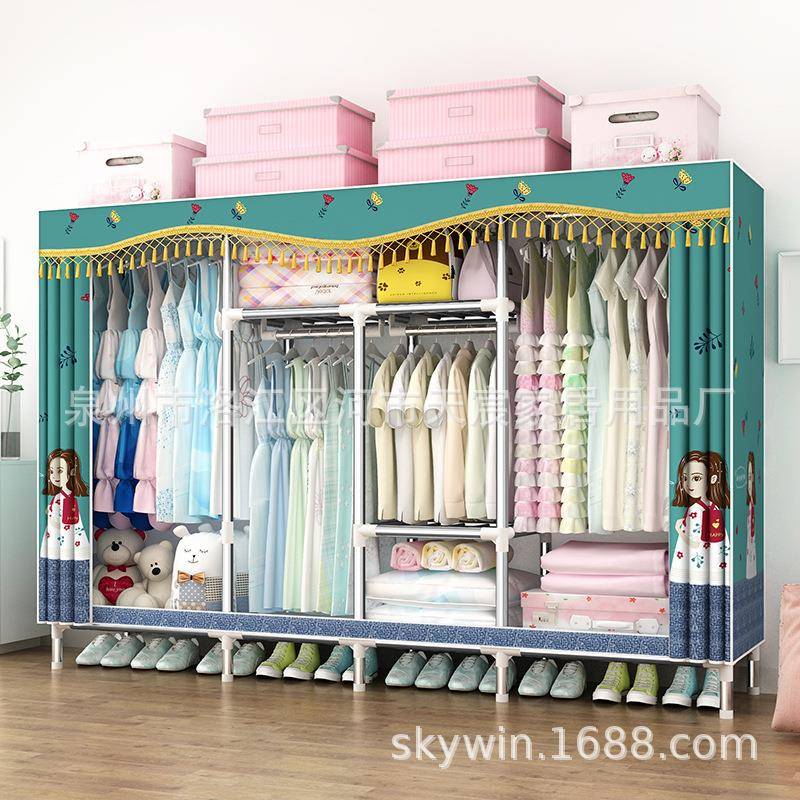 简易衣柜布艺钢架加粗加固现代经济型组装衣橱收纳柜C215送手套锤