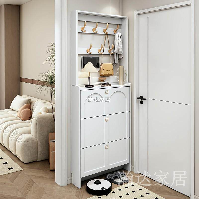 实木翻斗鞋柜家用门口大容量超薄带衣架简约现代白色多功能门厅柜