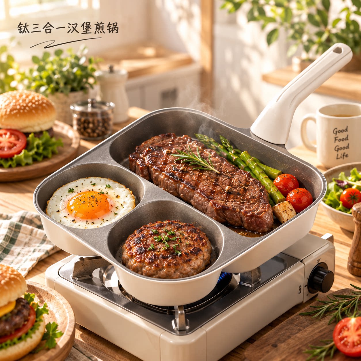 钛三合一牛排锅早餐锅平底煎锅不粘锅鸡蛋汉堡锅家用煎饼煎蛋神器