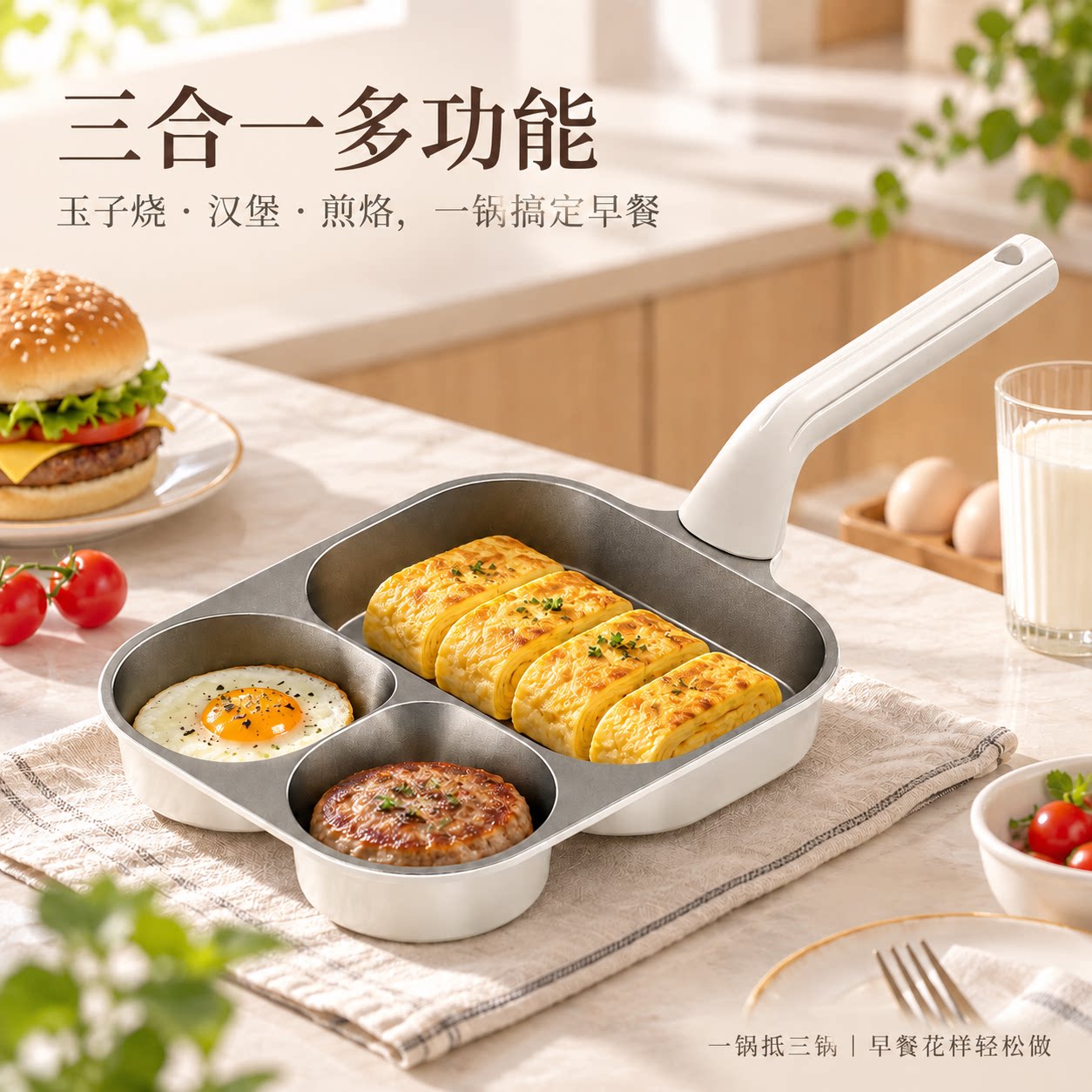钛三合一早餐锅平底煎锅不粘锅鸡蛋汉堡锅家用煎饼玉子烧煎蛋神器