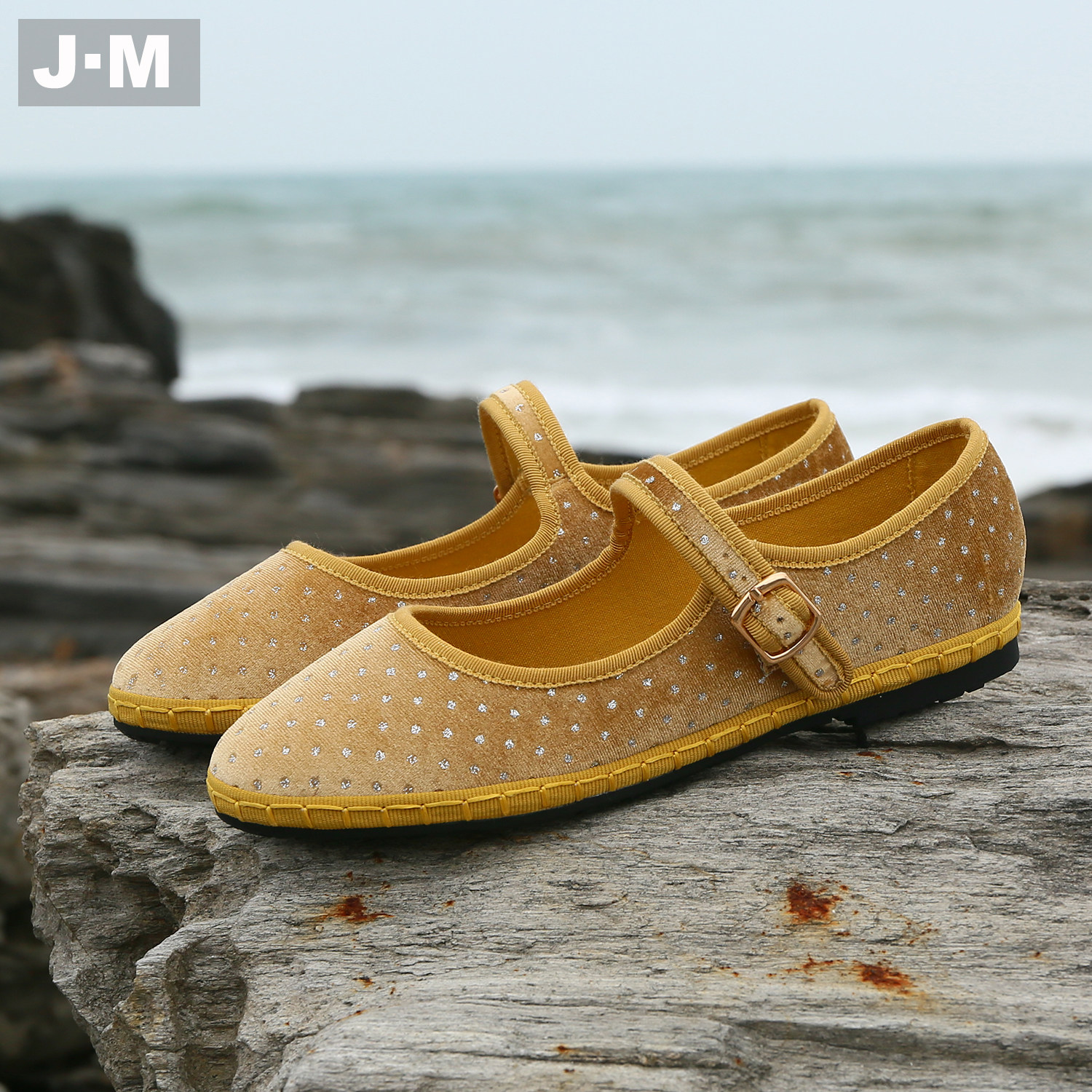 J·M(服装鞋帽)亮片丝绒玛丽珍鞋女一字扣带平底单鞋复古奶奶鞋