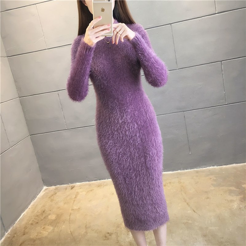 水貂毛衣2024秋冬新款加绒加厚中长款过膝女士修身连衣裙针织打底