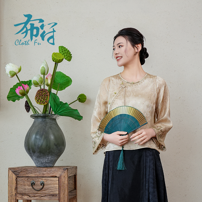 布符夏季新品国风提花无领旗袍上衣新中式轻国风禅意女