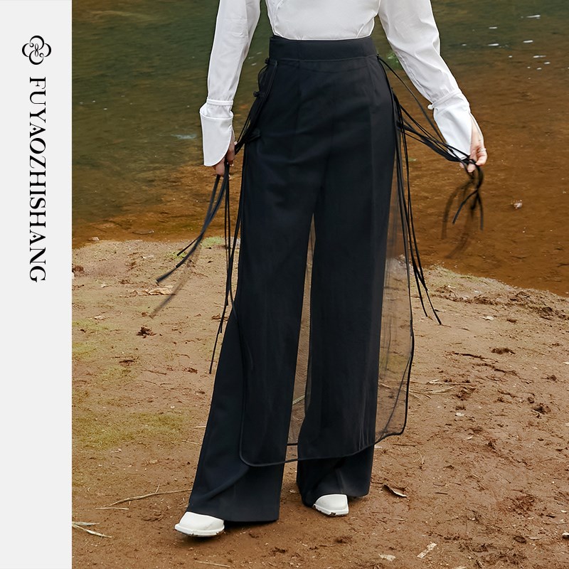 FUYAO扶摇 黑色阔腿西装裤女秋季高腰显瘦直筒宽松拖地裤子