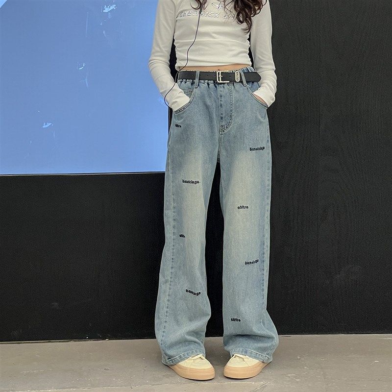 女童牛仔裤春秋款2024新款中大童春季直筒阔腿裤儿童裤子15岁长款