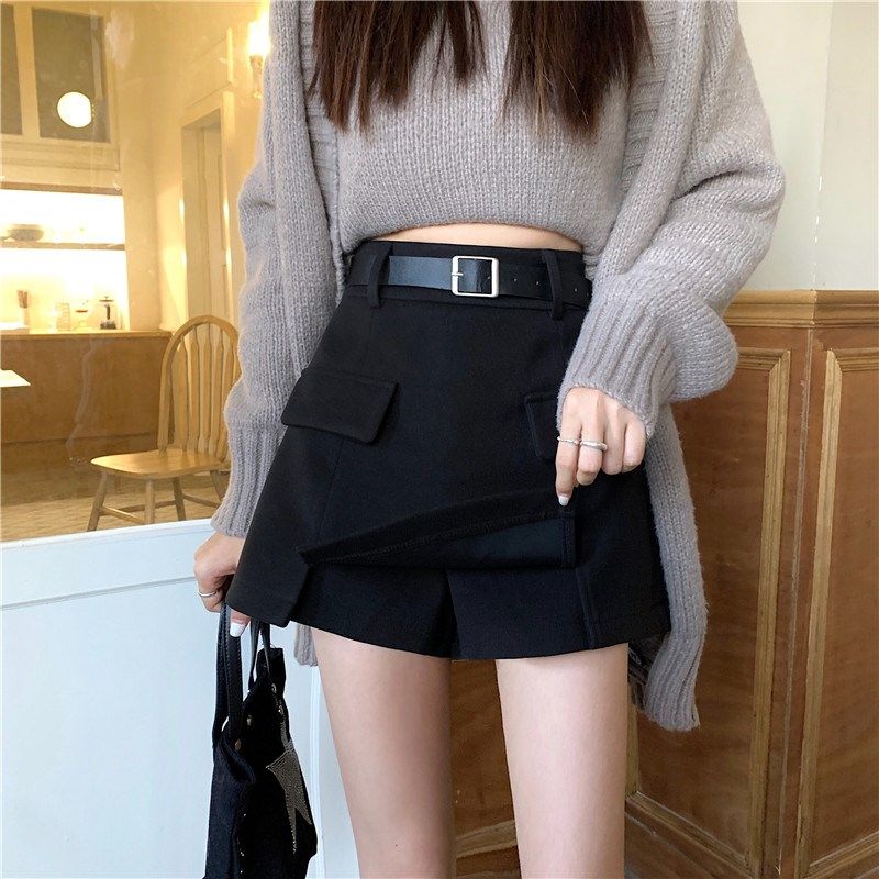 大码毛呢半身裙女秋冬超火高腰开叉a字包臀裙裤胖mm遮肚西装短裙