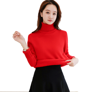 高领加绒毛衣女加厚秋冬一体绒小个子上衣短款冬季保暖内搭打底衫