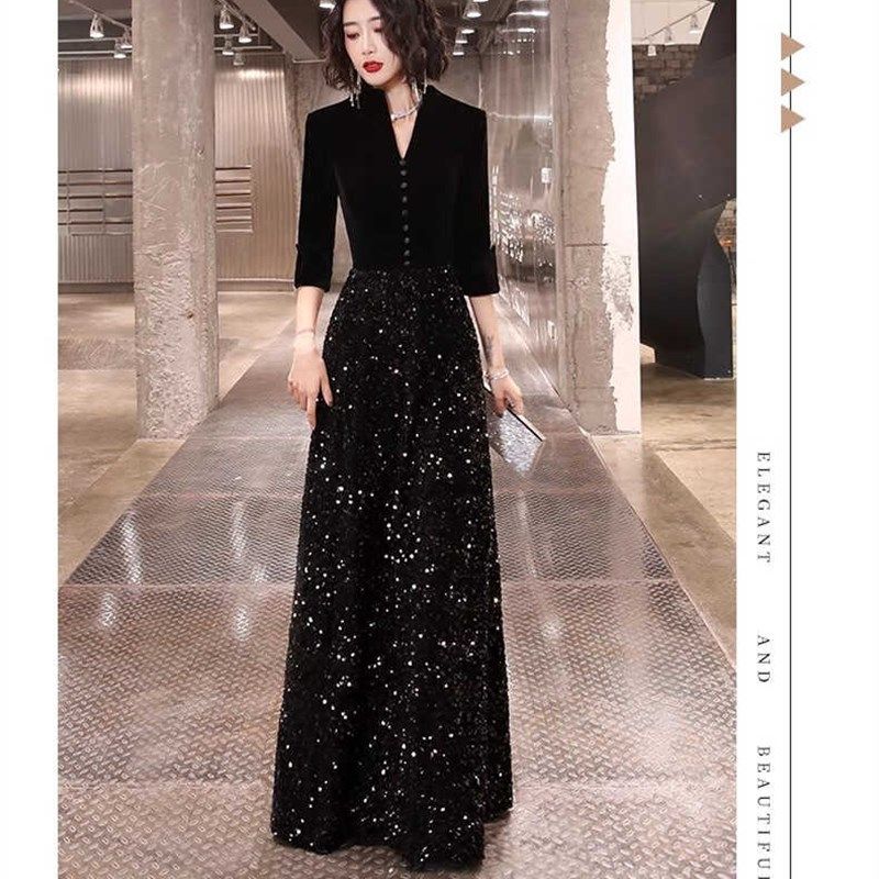 高档晚礼服女宴会气质高级感高端小众轻奢黑色亮片指挥晚宴主持人