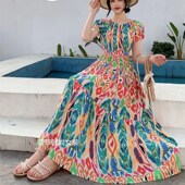 棉绸碎花一字肩短袖 波西米亚沙滩裙大摆人棉套头两穿长款 连衣裙