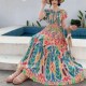 棉绸碎花一字肩短袖 波西米亚沙滩裙大摆人棉套头两穿长款 连衣裙