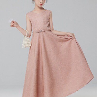 女童礼服裙高端婚礼花童小主持人演出服女孩洋气公主裙红色连衣裙