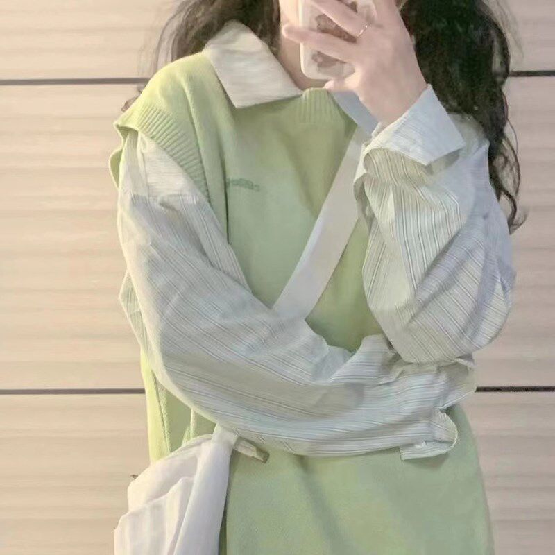 针织衫背心套装少女秋冬新款初中高中学生甜美清新马甲衬衫两件套