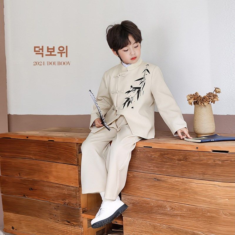 儿童新中式西服套装2024秋中山装男童盘扣国风唐装主持人古风礼服