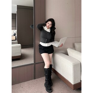 大小姐微胖大码黑色高腰A字牛仔半身裙裤女防走光百搭显瘦短裙子