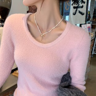 加绒加厚圆领毛衣女秋冬季保暖2024新款白色修身针织内搭打底上衣