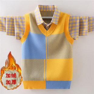 男童衬衫针织马甲两件套纯棉中大童毛衣针织衫秋冬款加绒儿童洋气