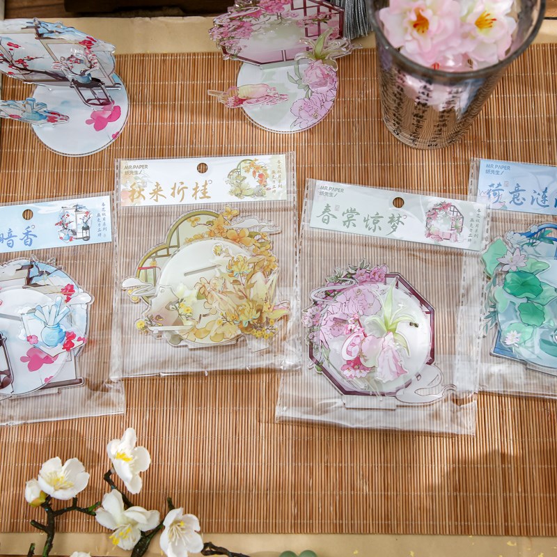 春花秋月亚克力谷美立牌国风吧唧徽章胸针展示台桌面装饰摆件礼物