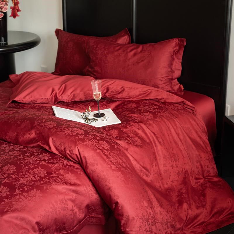 高级感A类100S全棉长绒棉提花四件套大红色床单纯棉结婚被套床品