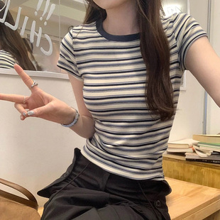 春夏韩版蓝色条纹修身正肩显瘦短袖T恤衫女新款休闲百搭上衣0210z