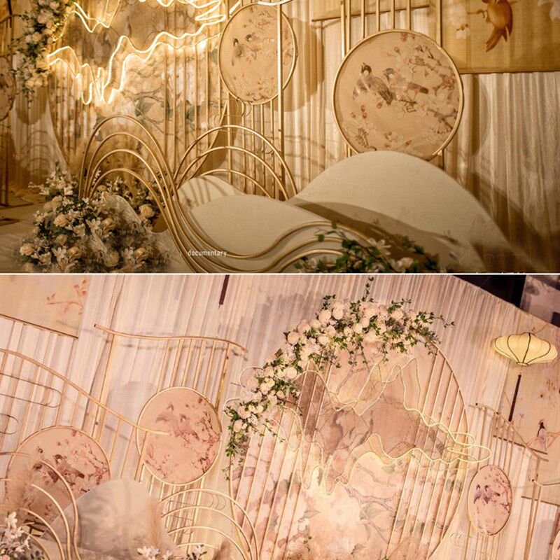 新品中式婚庆布置装饰铁s艺假山屏风背景道具路引婚礼现场舞台迎