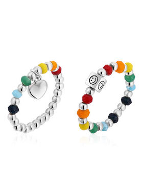 极速韩版时尚彩虹串m珠银戒指女设计小众2203年彩色爱心笑脸食指