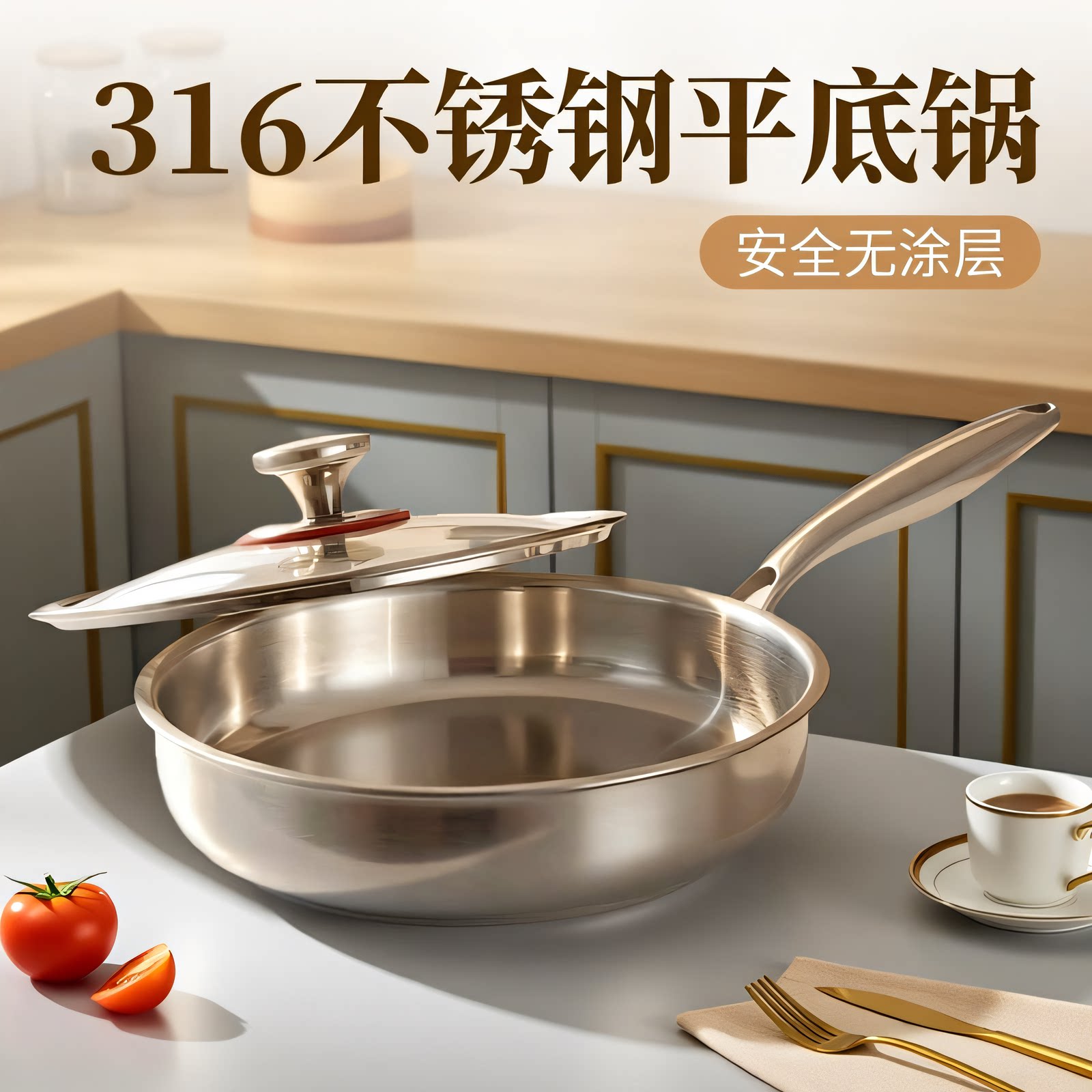 德国精工升级316不锈钢煎锅无涂层加厚防烫手柄电磁炉通用煎蛋锅